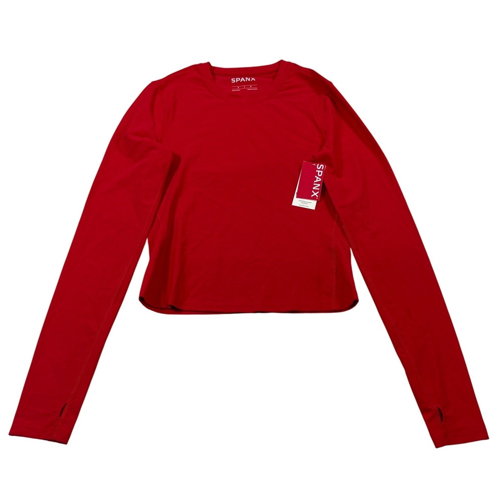 Spanx SPANXsmooth OnForm Long Sleeve Top Red Crew Neck Thumbholes Medium NEW - Picture 2 of 14